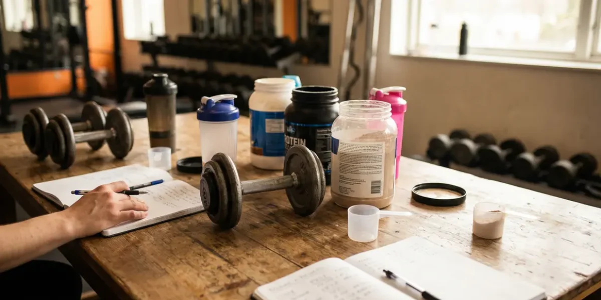 Table de sport avec compléments alimentaires et haltères