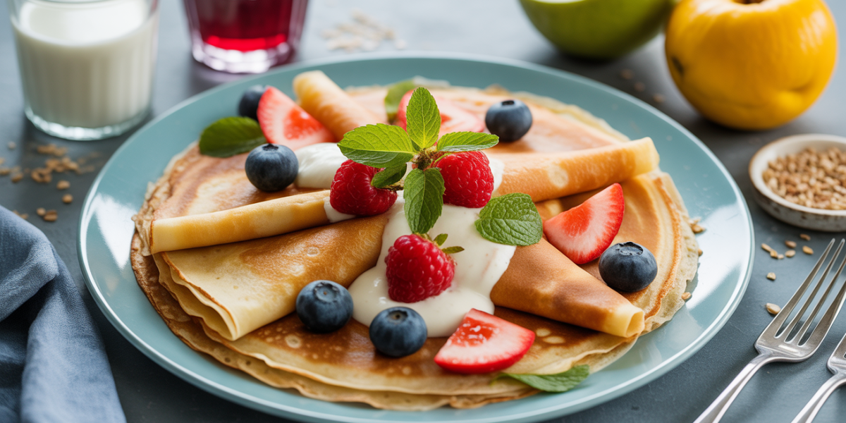 Crêpes protéinées sans whey sur assiette avec fruits et avoine