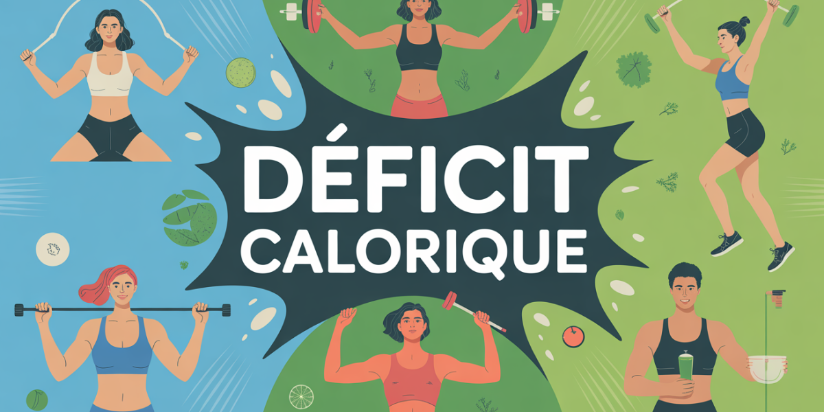 Illustration déficit calorique, assiette saine et silhouettes sportives