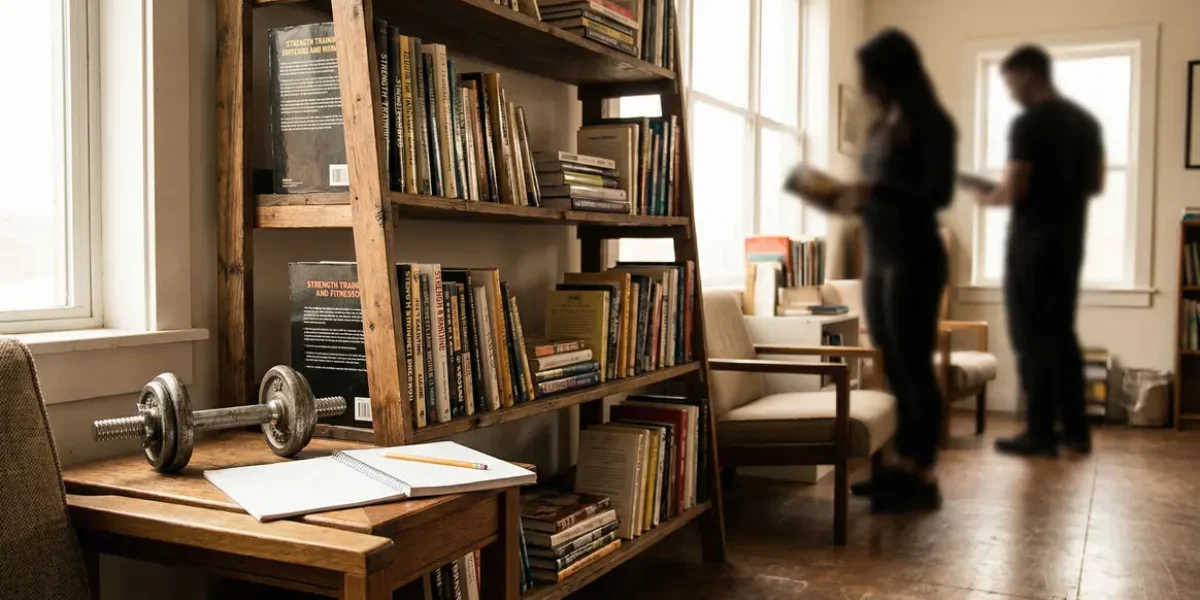 étagère avec livres musculation et carnet de notes