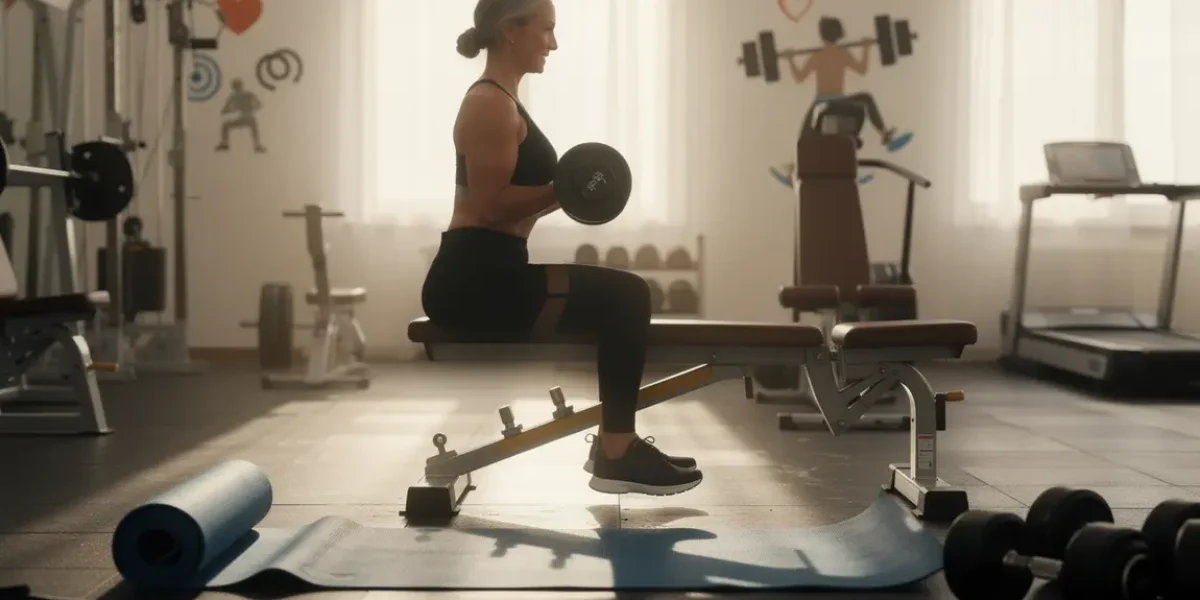 Femme mature pratique musculation salle sport bien etre