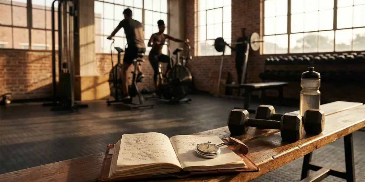 Salle de musculation moderne avec carnet et haltères, motivation musculation