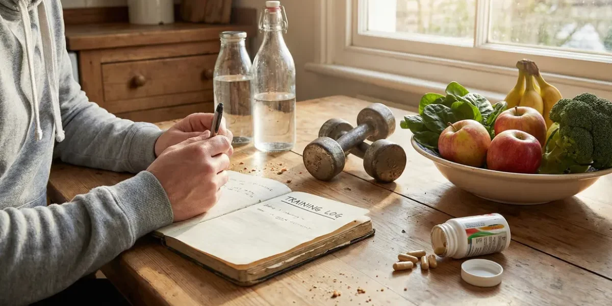 table de cuisine avec multivitamines musculation, fruits, haltères, carnet, ambiance santé
