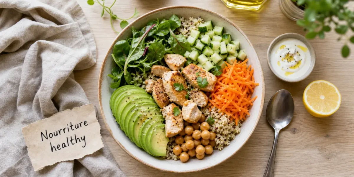 Nourriture healthy : bowl quinoa poulet citron, pois chiches, avocat