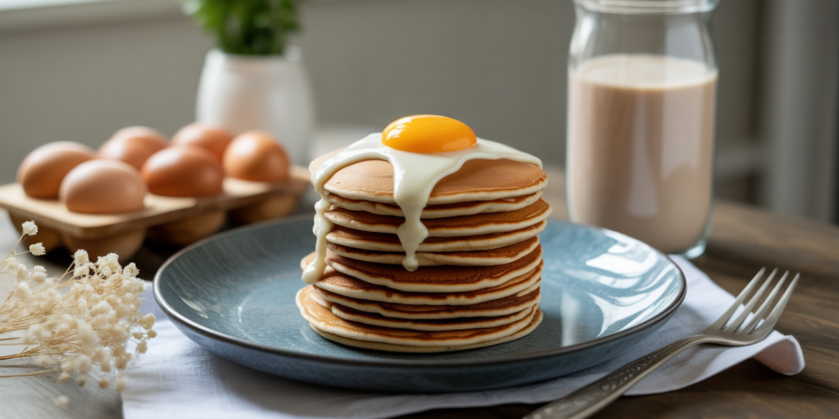pancake proteine prise de masse, whey, haltere, oeufs sur table bois