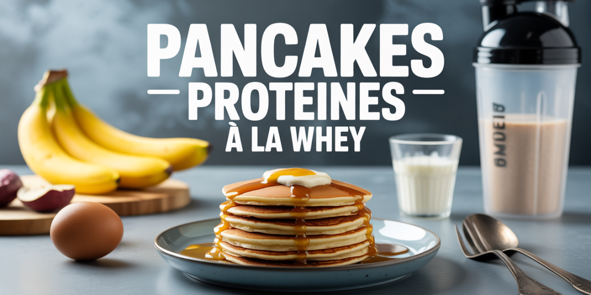 Pancakes protéinés à la whey moelleux sur assiette avec shaker