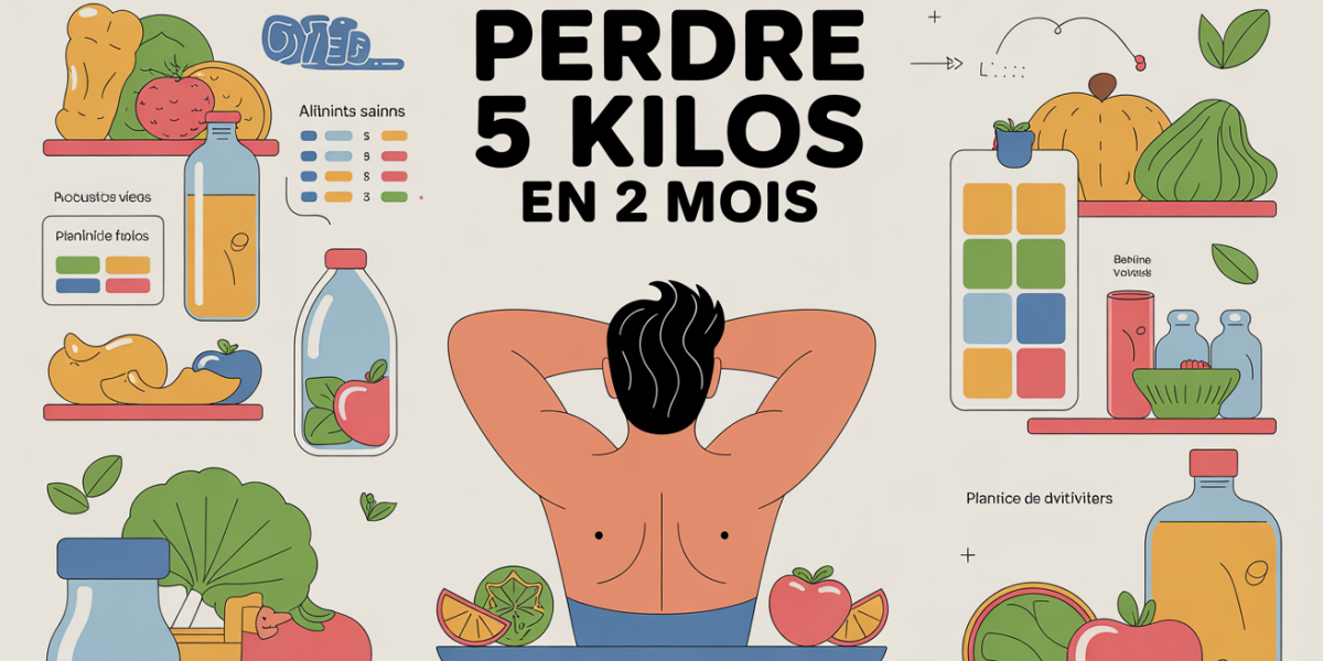 Personnage sur balance aliments sains haltères planning