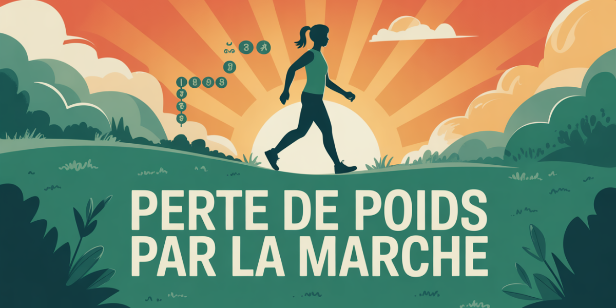 Personne marche sur sentier verdoyant au lever du soleil, compteur de pas