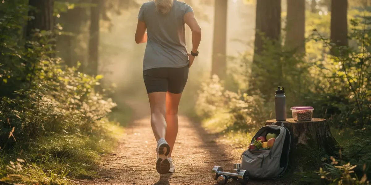Femme senior marche santé perte graisse abdominale au lever du soleil