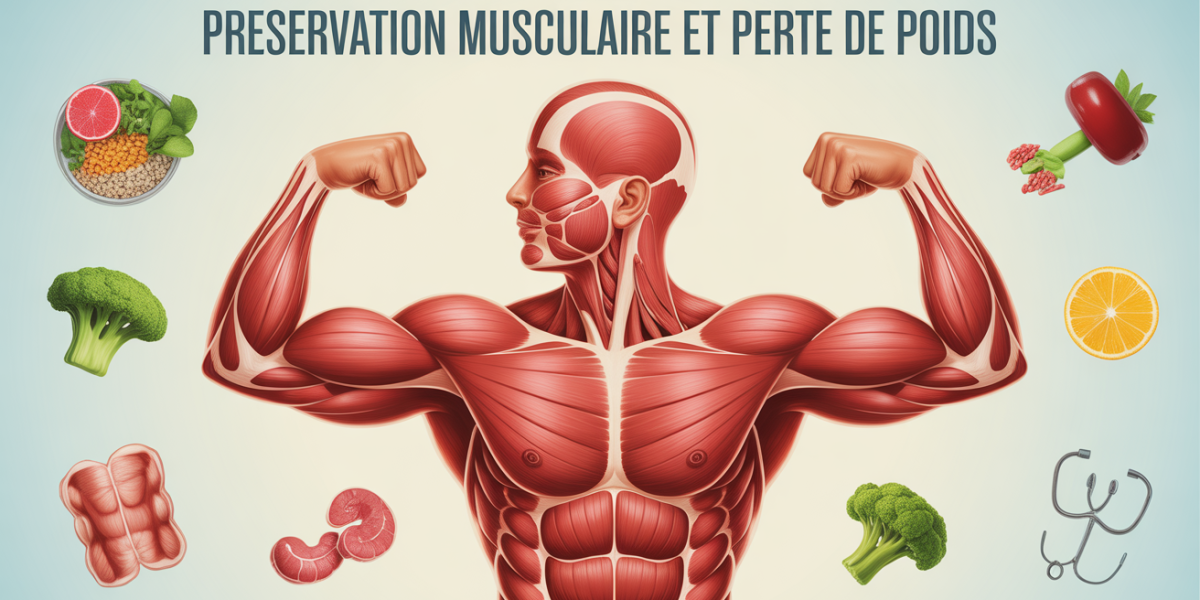 Illustration préservation musculaire perte de poids nutrition et haltères