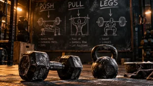 Push pull legs : haltère et kettlebell, salle de sport, 3 séances