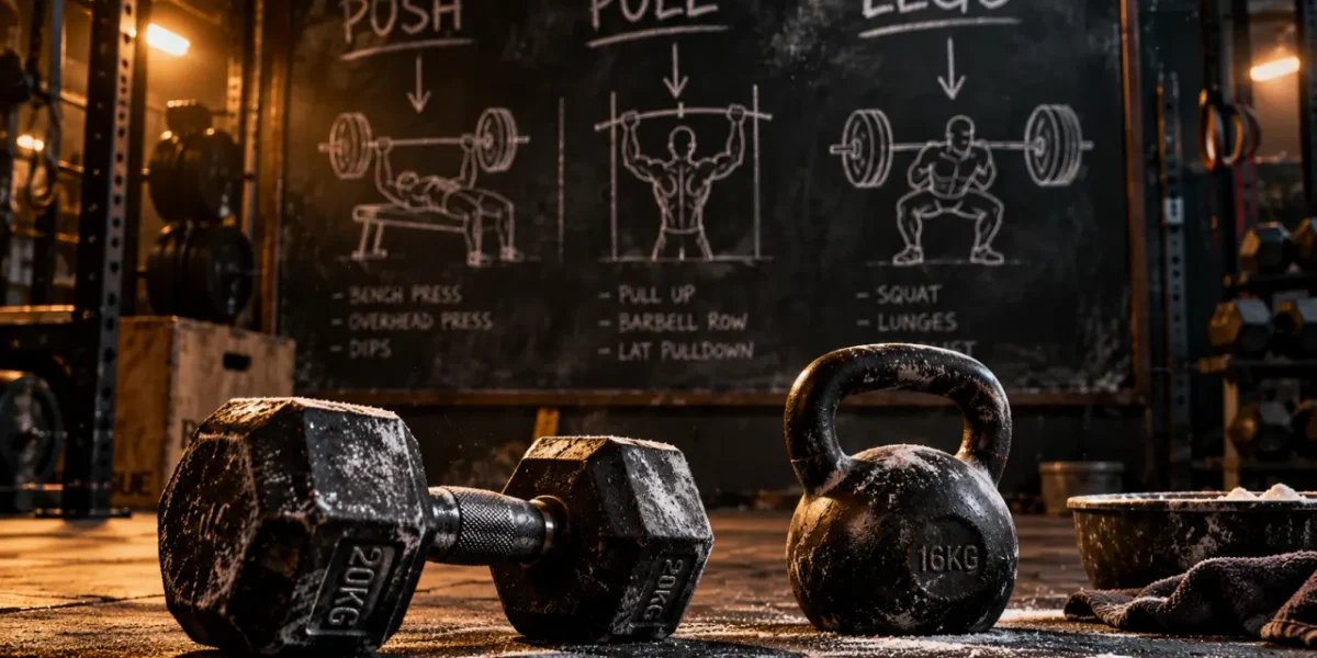 Push pull legs : haltère et kettlebell, salle de sport, 3 séances