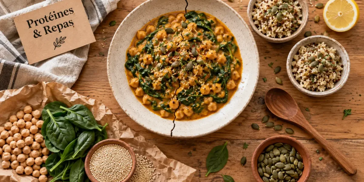 repas riche en proteine : assiette pois chiches, epinards et quinoa, 20 à 30 g