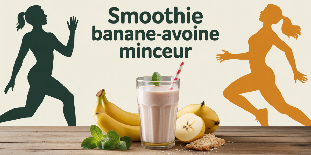 Verre de smoothie banane avoine minceur sur table, ingrédients visibles