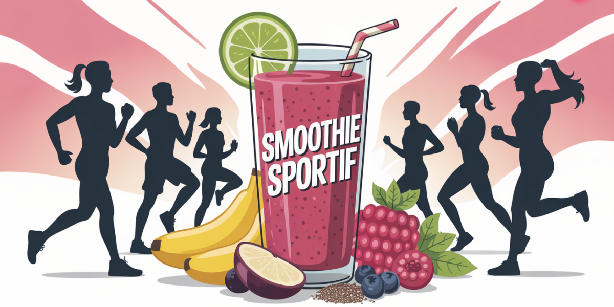 smoothie sportif energetique au centre avec athletes et ingredients